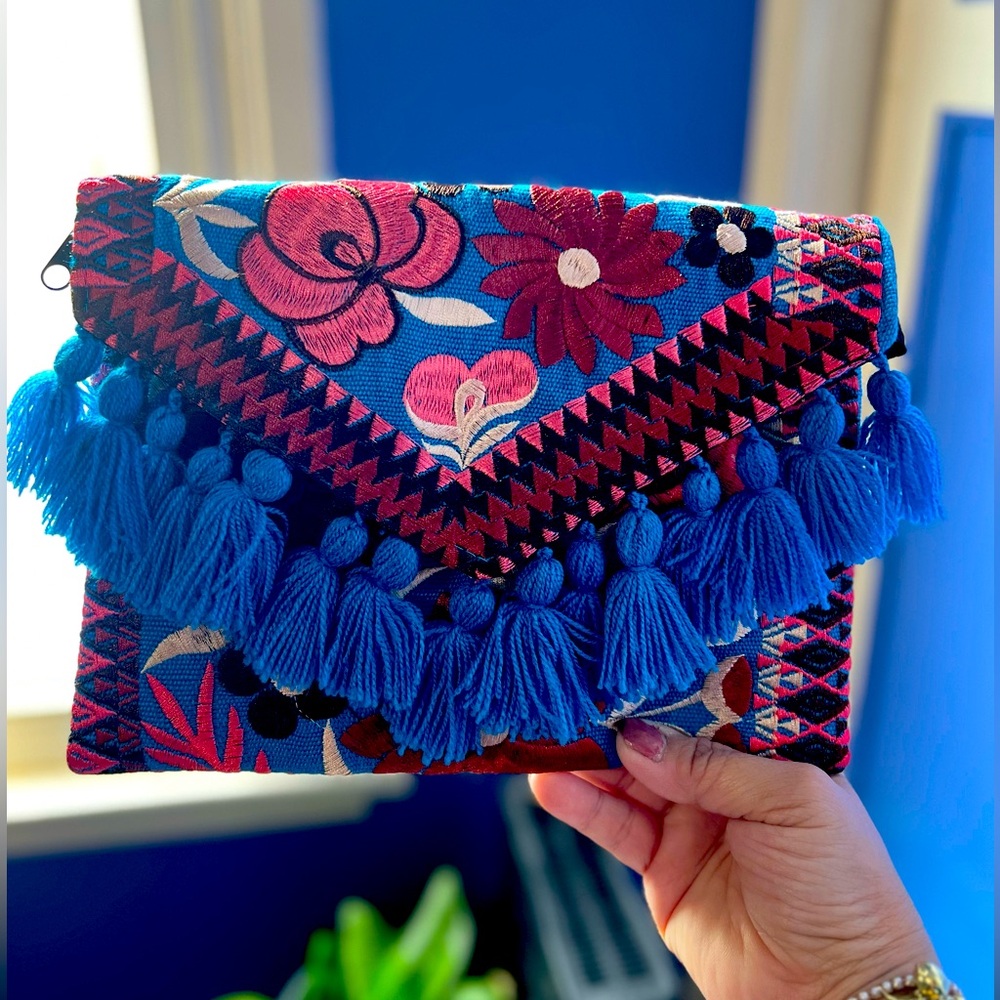 Floral Embroidered Clutch/Crossbody with Blue Tassels